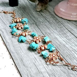 Statement Copper Howlite Gemstone Beaded Bracelet, Floral Flowers OOAK